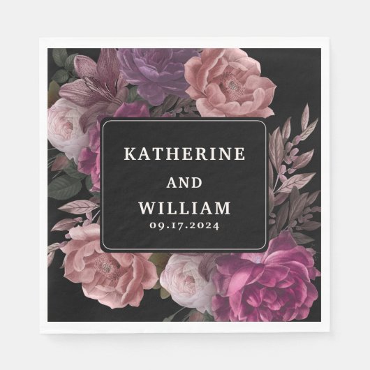 Donkere humeurige bordeaukastanjebruine bloemenzwa servet (Voorkant)