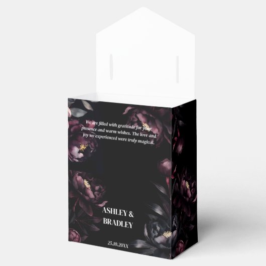 Donkere humeurige bordeaux bloemen bruiloft gunste bedankdoosjes (Geopend)