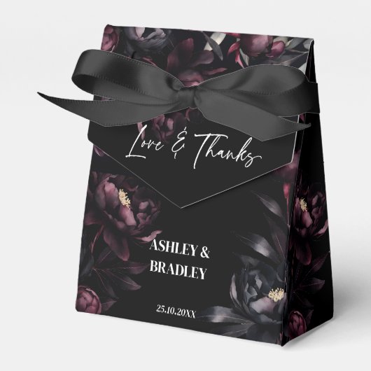 Donkere humeurige bordeaux bloemen bruiloft gunste bedankdoosjes (Voorkant Zijde)