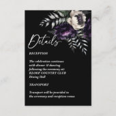 Donkere humeurige paarse pioenen bruiloft details informatiekaartje (Voorkant)