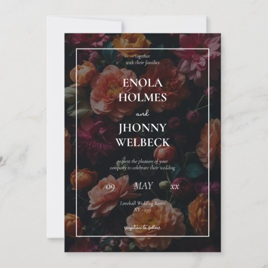 Donkere humeurige romantische bloemenbruiloft uitn kaart (Voorkant)