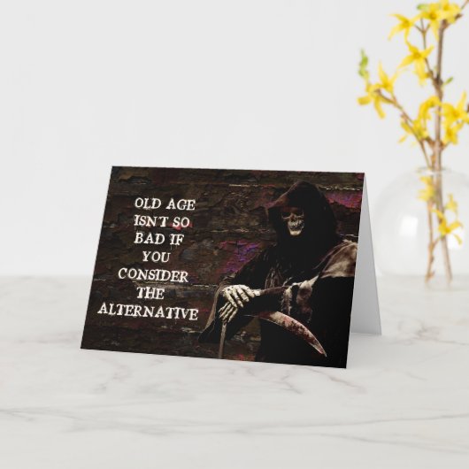 Donkere Humor Spooky Grim Reaper Birthday Kaart (Gele Bloem)