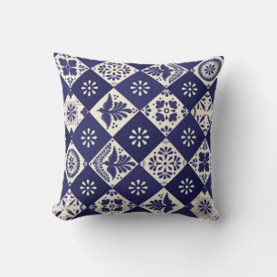 Donkere Indigo Beige Mexicaanse Bloemenvogels Tala Kussen