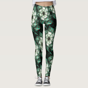 Donkere Jade Green en White Fractal Flower Abstrac Leggings