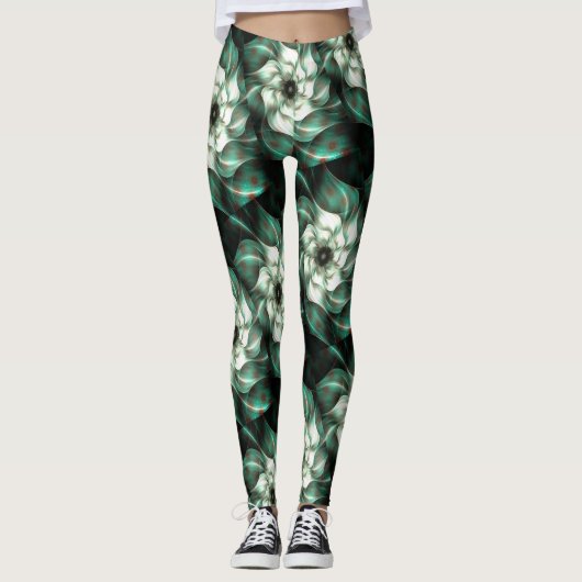 Donkere Jade Green en White Fractal Flower Abstrac Leggings (Voorkant)