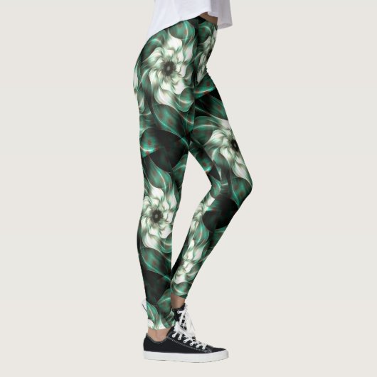 Donkere Jade Green en White Fractal Flower Abstrac Leggings (Rechts)
