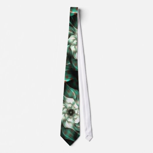 Donkere Jade Green en White Fractal Flower Abstrac Stropdas (Voorkant)