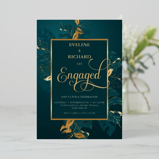 Donkere jager groen en echt gouden folie verloving folie uitnodiging (Staand Voorkant)