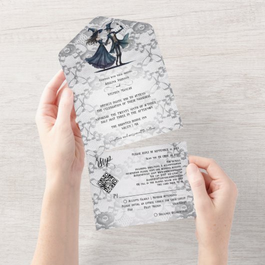 Donkere Kant Monogram Skelet Gotische QR Code Brui All In One Uitnodiging (Afscheurbaar)