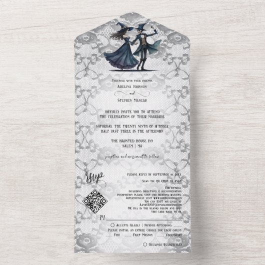 Donkere Kant Monogram Skelet Gotische QR Code Brui All In One Uitnodiging (Binnen)