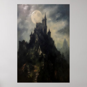 Donkere Kasteel Op Berg Antieke Olie Schilderij Poster