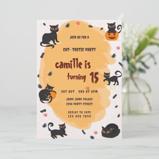 Donkere kat verjaardagsfeestje uitnodiging (Staand voorkant)
