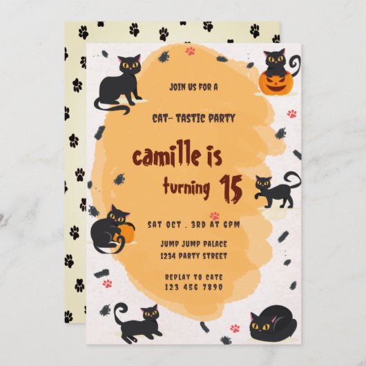 Donkere kat verjaardagsfeestje uitnodiging (Voorkant / Achterkant)
