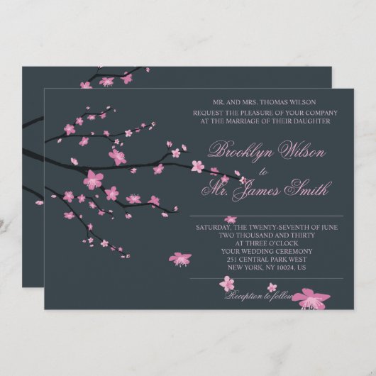 Donkere Kersenbloesem Trouw Uitnodiging (Voorkant / Achterkant)