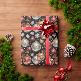Donkere Kerstbal Inpakpapier met Zilver, Goud Rood