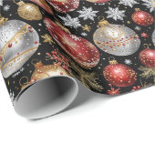 Donkere Kerstbal Inpakpapier met Zilver, Goud Rood (Rol Hoek)