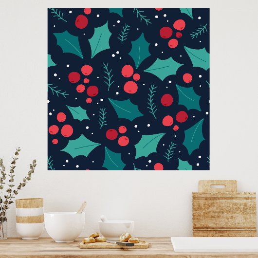 Donkere kerstmannetjes en bladpatroon poster (Keuken)