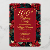 Donkere Kerstvakantie Bloemen 100ste Verjaardagsfe Folie Uitnodiging (Voorkant)