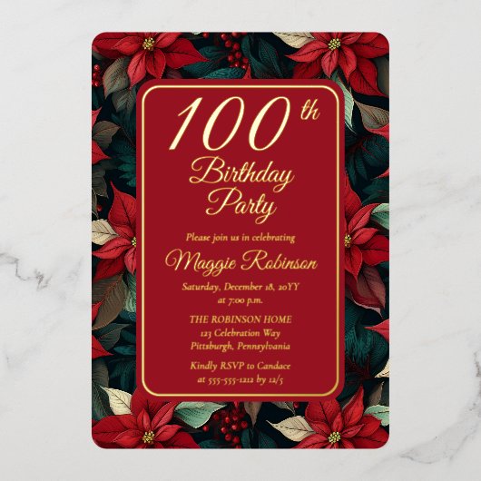 Donkere Kerstvakantie Bloemen 100ste Verjaardagsfe Folie Uitnodiging (Voorkant)