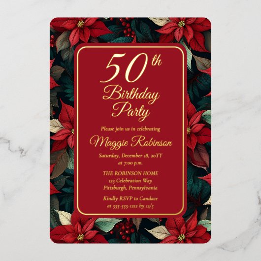 Donkere Kerstvakantie Bloemen 50ste Verjaardagsfee Folie Uitnodiging (Voorkant)