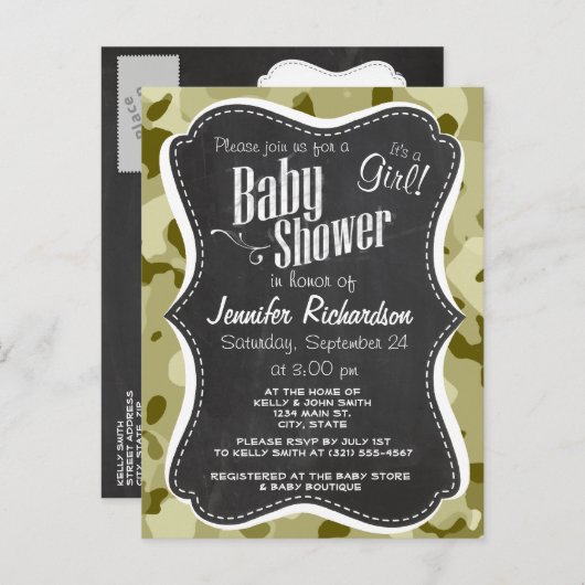 Donkere Khaki Camo; Retro Chalkboard look Uitnodiging Briefkaart (Voorkant / Achterkant)