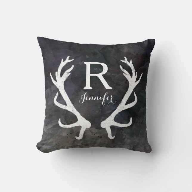 Donkere kleuren Waterverf, Rustic Deer Antler Mono Kussen (Voorkant)