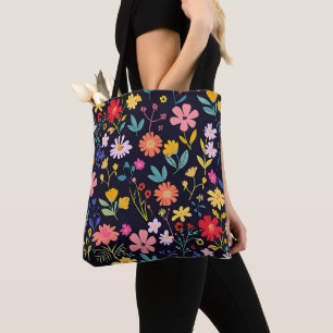Donkere Kleurrijke Ditsy Bloem Boheemse Patroon Tote Bag