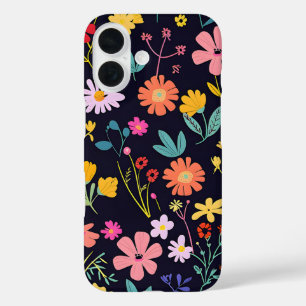 Donkere Kleurrijke Ditsy Bloemrijke Boheemse Patro iPhone 16 Hoesje