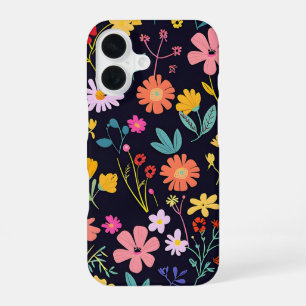 Donkere Kleurrijke Ditsy Bloemrijke Boheemse Patro iPhone 16 Hoesje