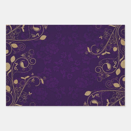 Donkere koninklijk Paars met gouden scroller Inpakpapier Vel (Voorkant 2)