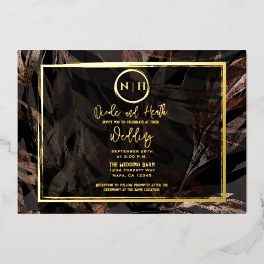 Donkere koper bruin brons botanische bruiloft goud folie uitnodiging (Voorkant)