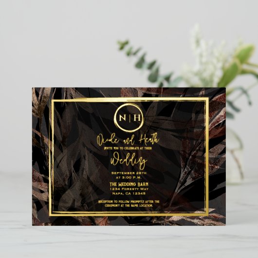 Donkere koper bruin brons botanische bruiloft goud folie uitnodiging (Staand Voorkant)