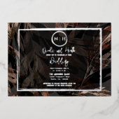 Donkere koper bruin Bronze botanische bruiloft zil Folie Uitnodiging (Voorkant)