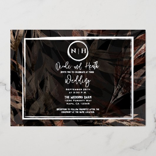 Donkere koper bruin Bronze botanische bruiloft zil Folie Uitnodiging (Voorkant)