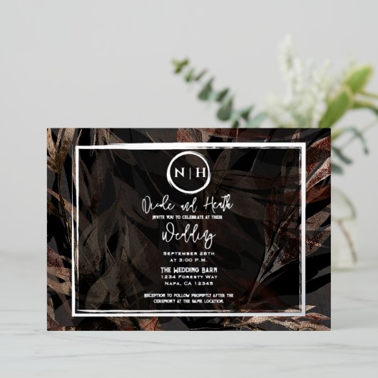 Donkere koper bruin Bronze botanische bruiloft zil Folie Uitnodiging (Staand Voorkant)