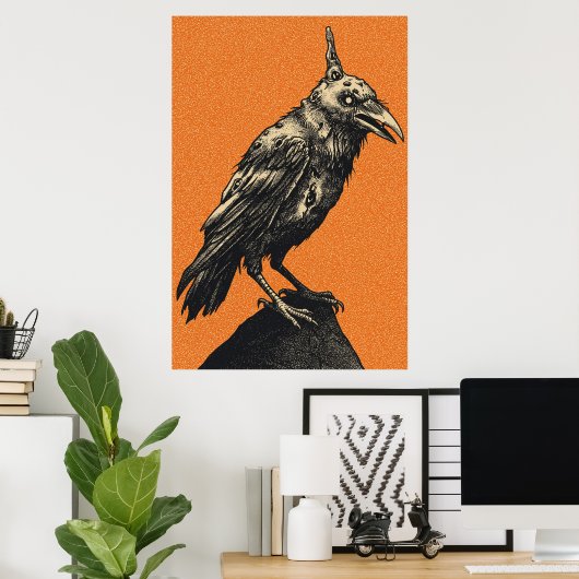 Donkere Kraai Geperst op Getande Rots Poster (Thuiskantoor)