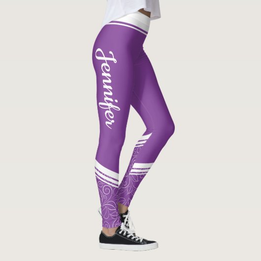 Donkere lavender florale witte strepen en noem mod leggings (Rechts)