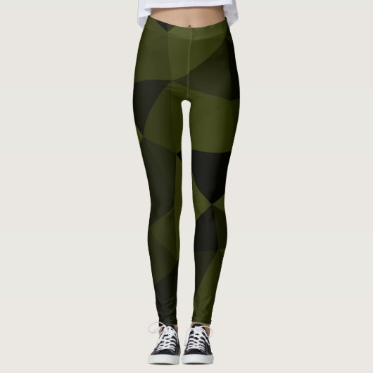 Donkere legergroene zwarte geometrische maaspatron leggings (Voorkant)