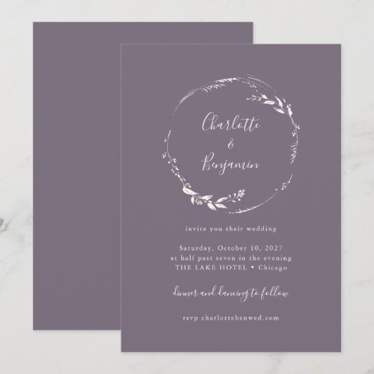 Donkere Lila Floral Wreath Script Weddenschap Kaart (Voorkant / Achterkant)