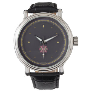 Donkere Luxe Bloem Horloge Roze Gouden Botanisch