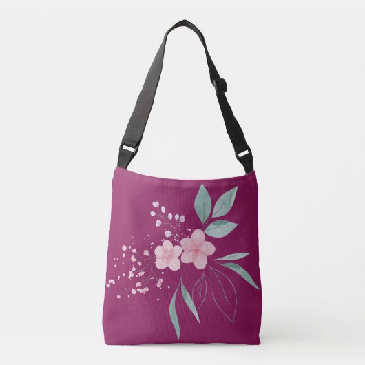 Donkere magenta met roze bloem crossbody tas (Voorkant)