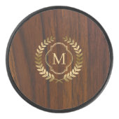Donkere mahonie hout gouden badge monogram hockey puck (Voorkant)