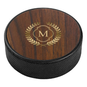 Donkere mahonie hout gouden badge monogram hockey puck