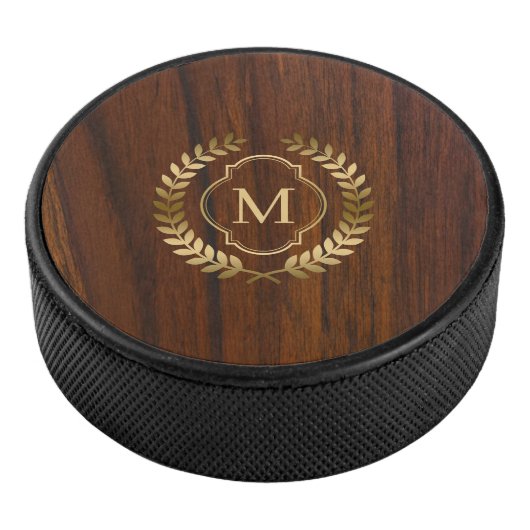 Donkere mahonie hout gouden badge monogram hockey puck (3/4)