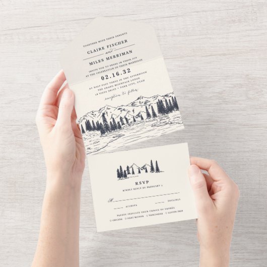 Donkere marine | Bergketch Weddenschap All In One Uitnodiging (Afscheurbaar)