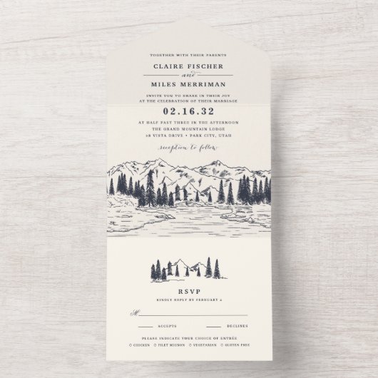 Donkere marine | Bergketch Weddenschap All In One Uitnodiging (Binnen)