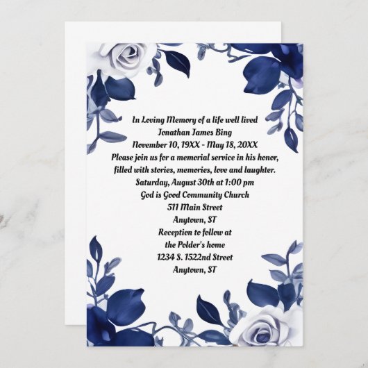 Donkere Marine Blauw en Wit Memorial Kaart (Voorkant / Achterkant)