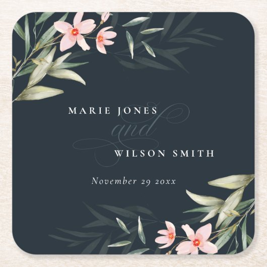 Donkere marine blush Greenery Floral Bunch Wedding Kartonnen Onderzetters (Voorkant)