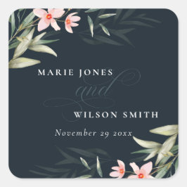 Donkere marine blush Greenery Floral Bunch Wedding Vierkante Sticker