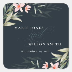Donkere marine blush Greenery Floral Bunch Wedding Vierkante Sticker